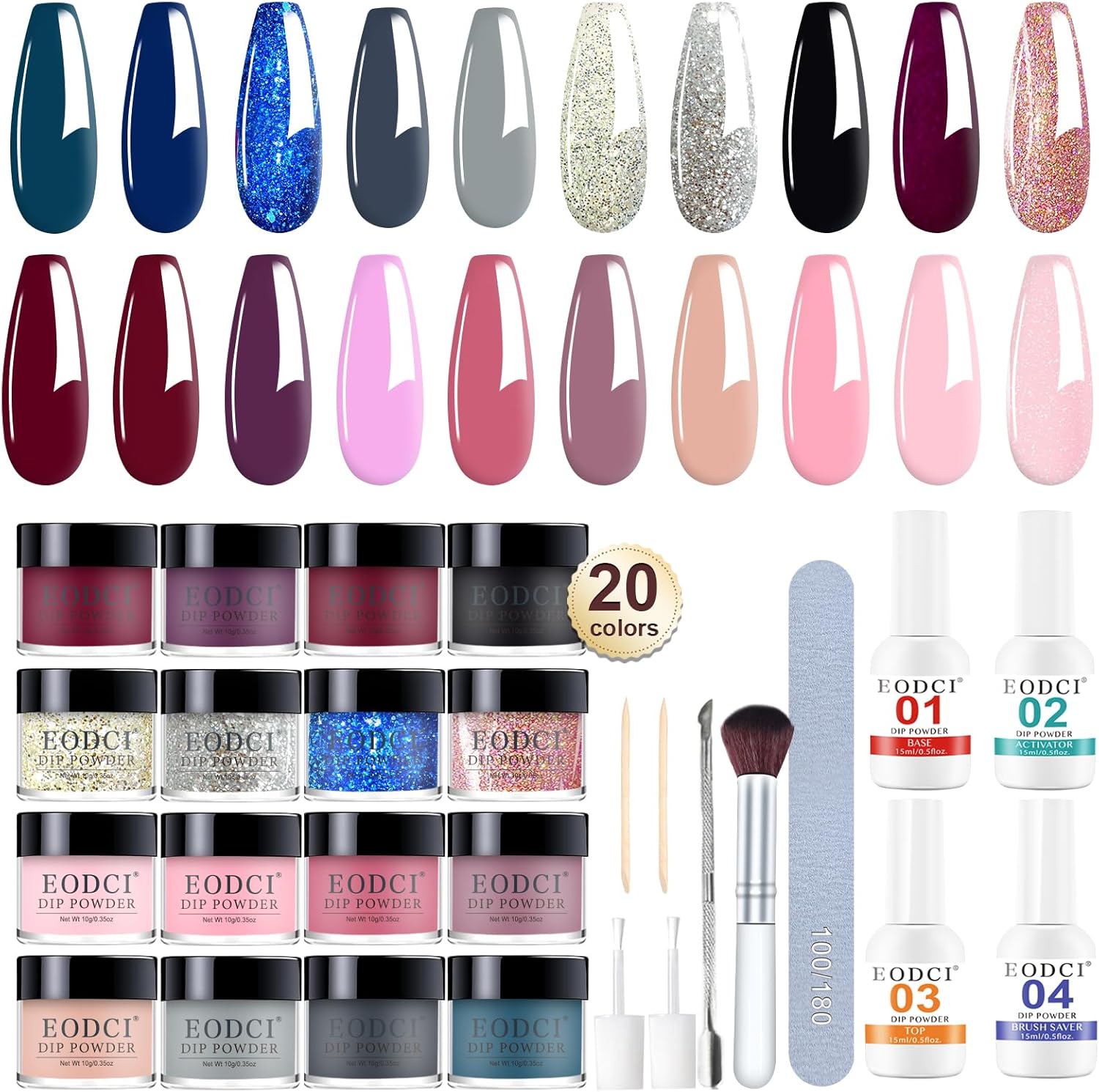 Eodci 31 piece dip powder nail kit with 20 glitter and nude pink colors
