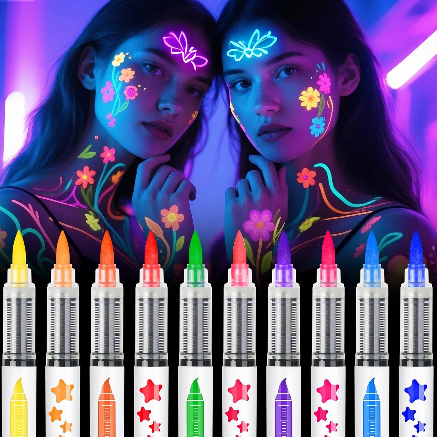 Toodler UV Neon Face and Body Paint Markers front view package highlighting multi-color selection for temporary cosmetic use
