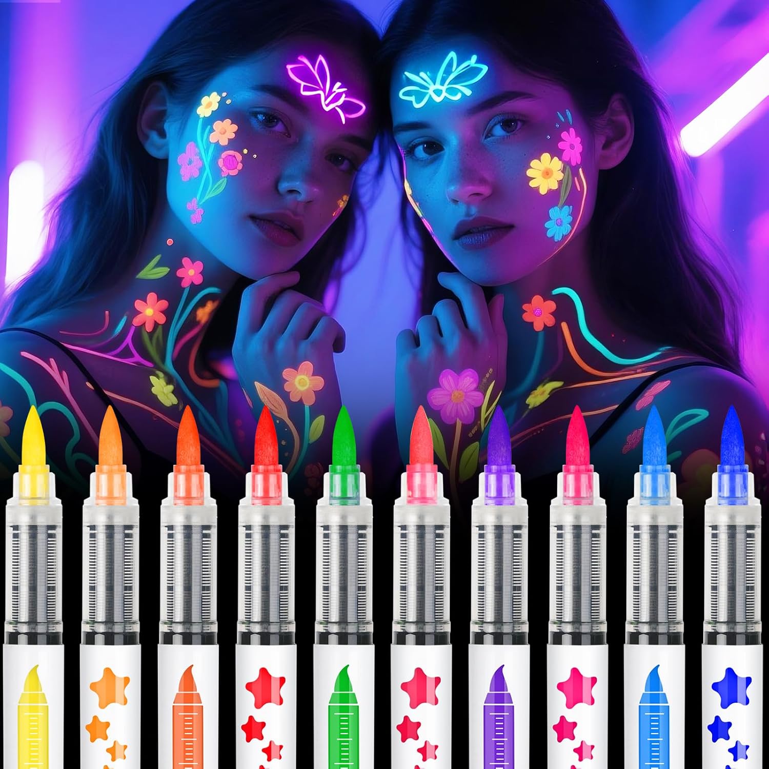 Toodler UV Neon Face and Body Paint Markers front view package highlighting multi-color selection for temporary cosmetic use