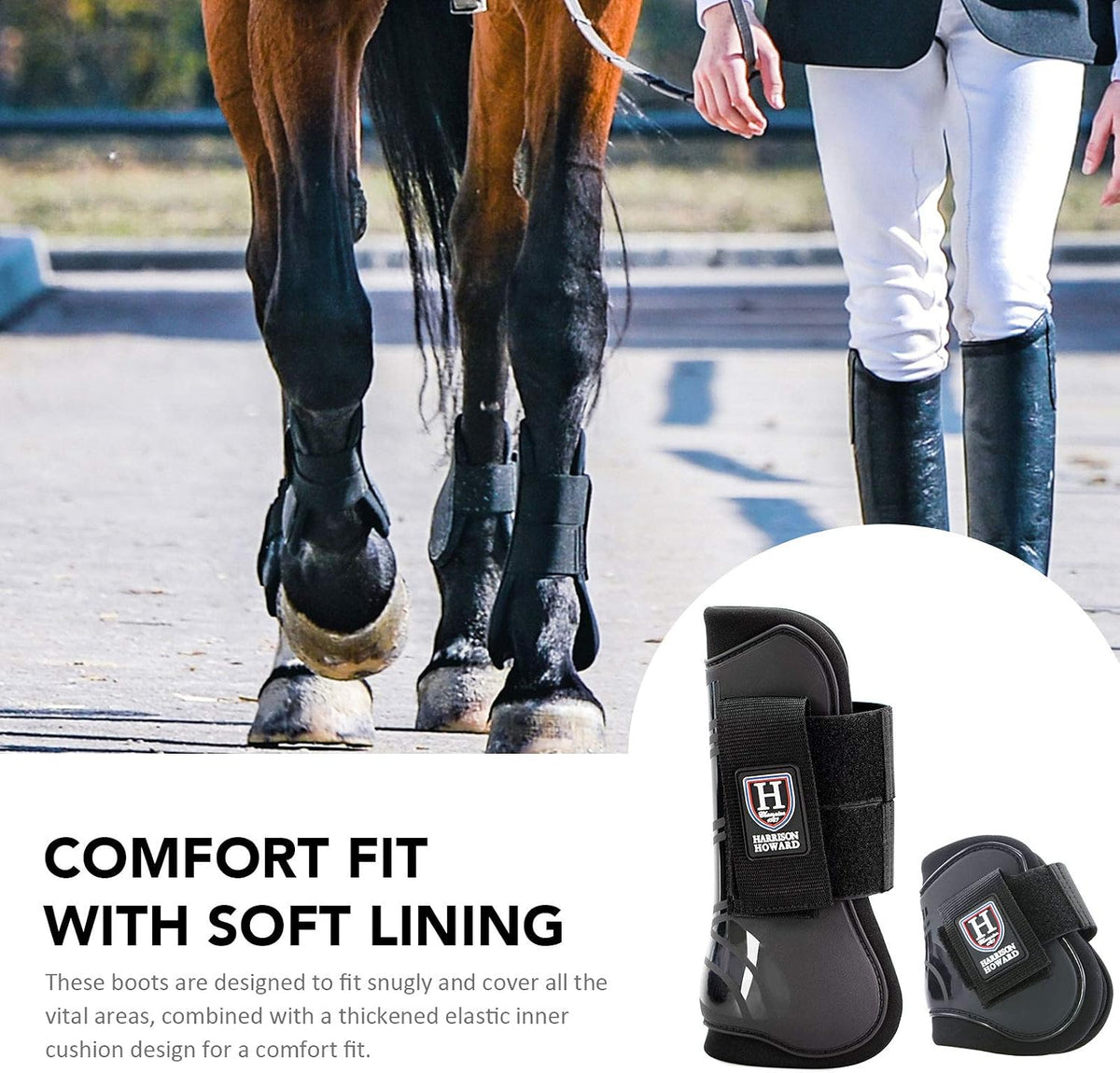 Harrison Howard equine leg support boots double thickness elastic strap close up