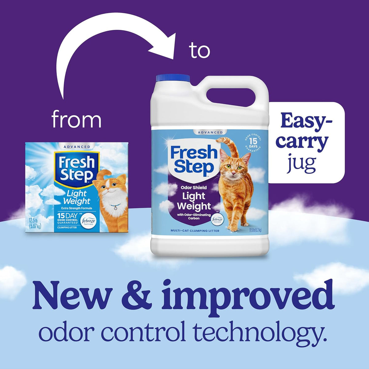 Two 11.5 pound jugs of Fresh Step cat litter packaging