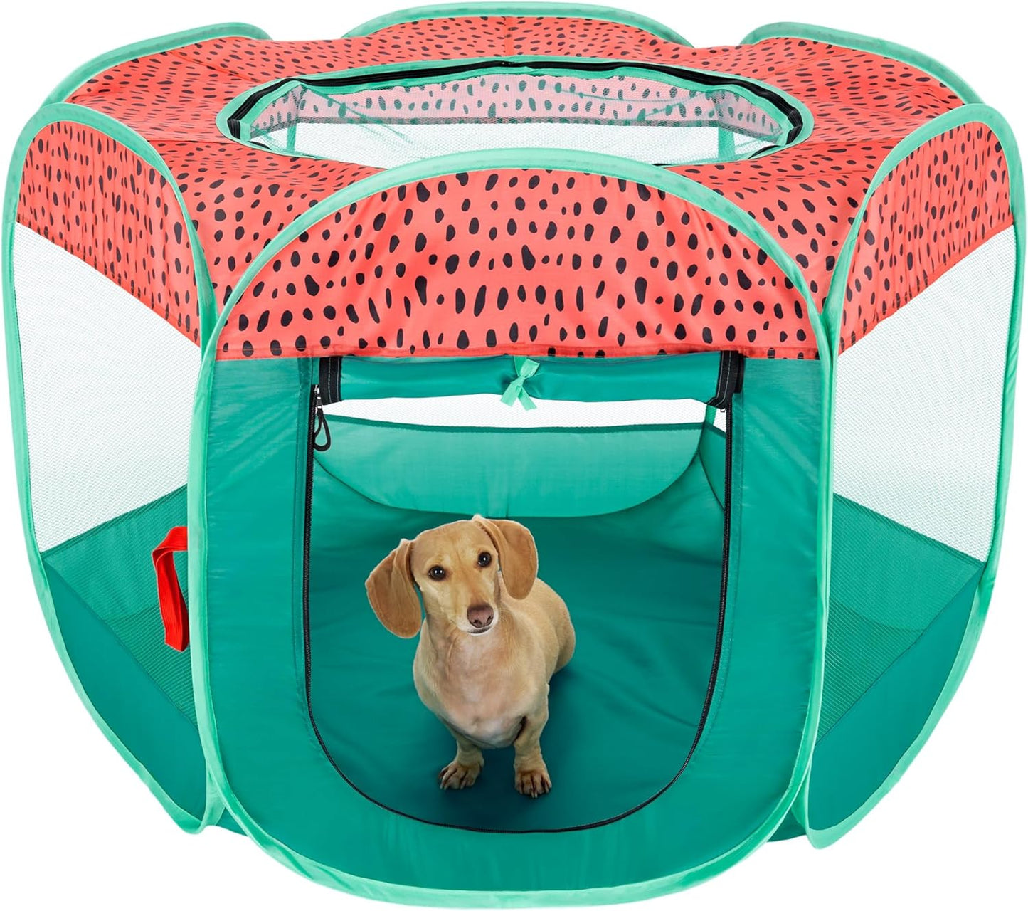 Furhaven Portable Dog Playpen Cat Tent, Pet Playground,Kennel Foldable Indoor Outdoor Zippered Puppy Crate - Green & Pink, Medium - Image 1
