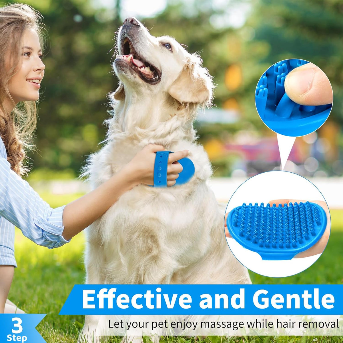Blue silicone pet massage brush being filled with dog shampoo