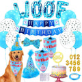 Aroic dog birthday party supplies set front view featuring blue bandana and hat.
