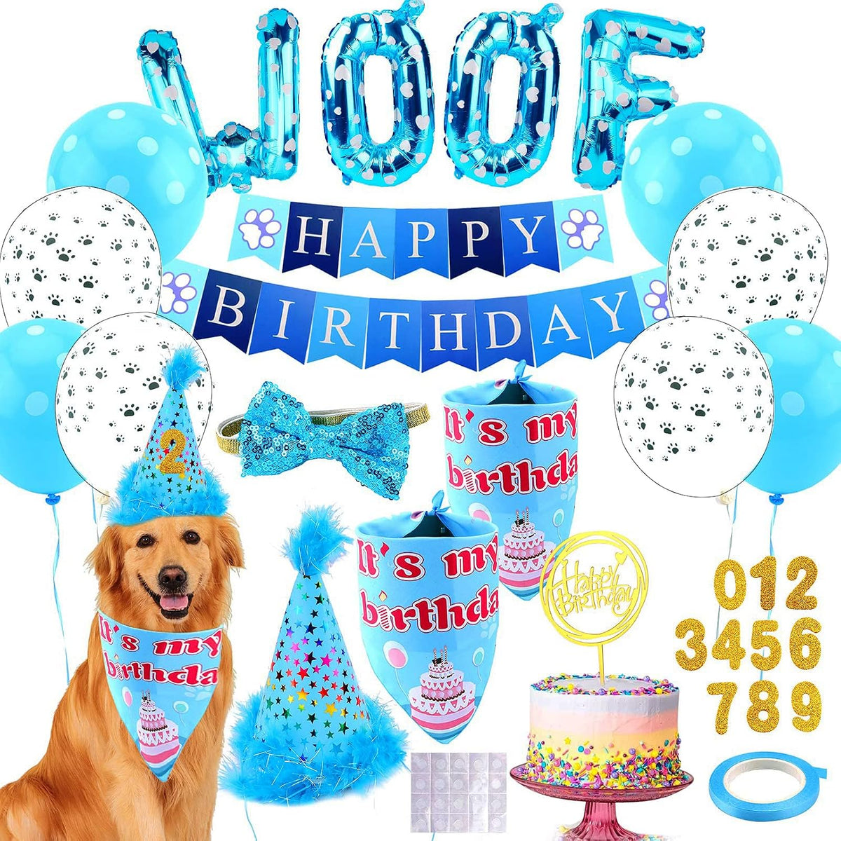 Aroic dog birthday party supplies set front view featuring blue bandana and hat.