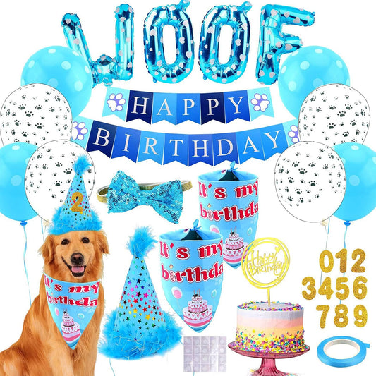 Aroic dog birthday party supplies set front view featuring blue bandana and hat.