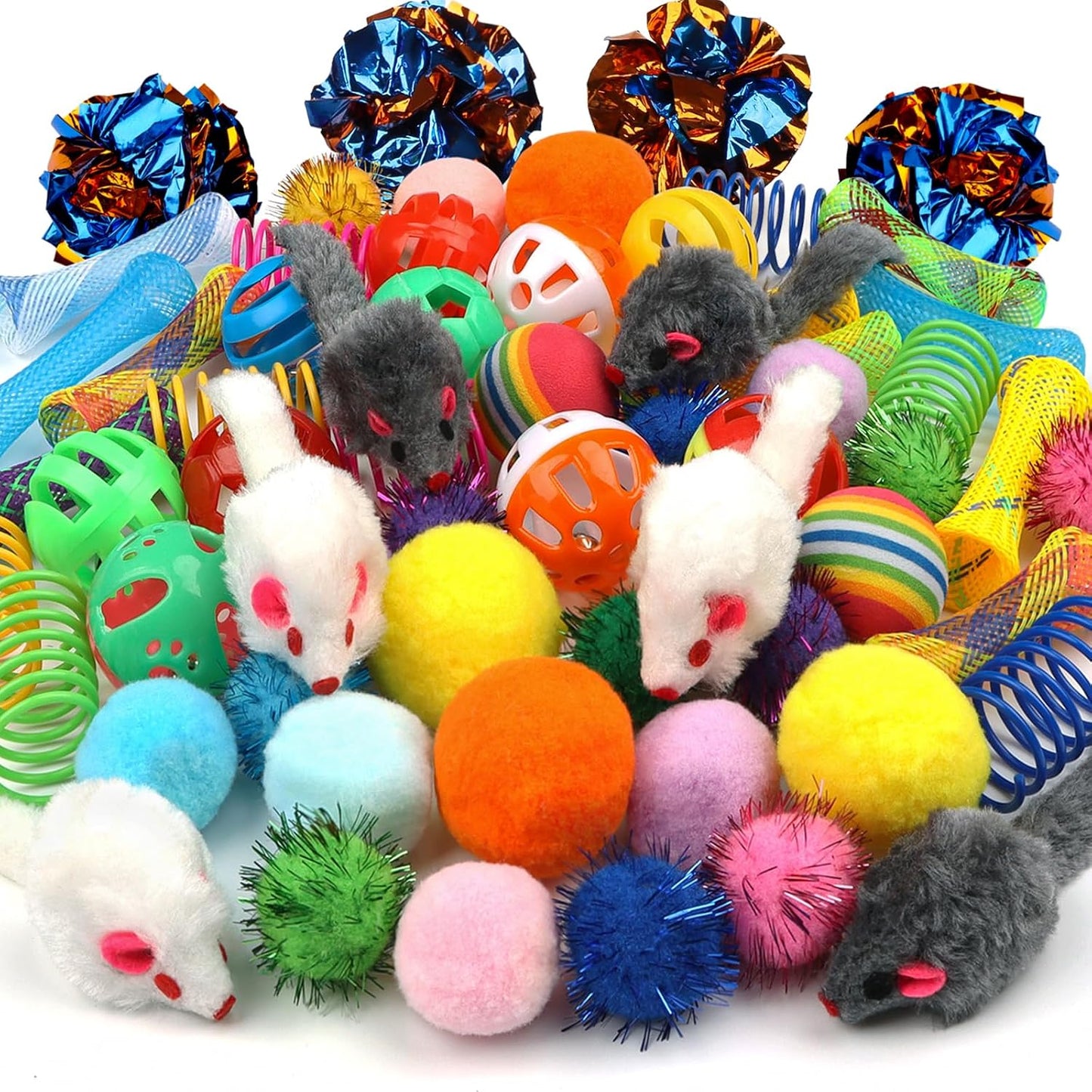 QUOZUO 60 pieces kitten toys variety pack front view featuring colorful balls and springs