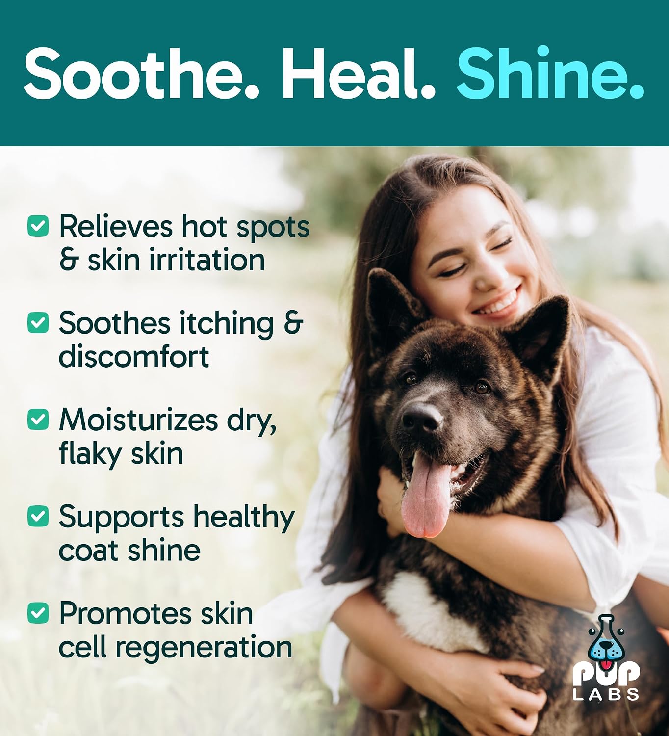 Pup Labs K9 Soothe pet skin treatment bottle displaying all natural ingredients