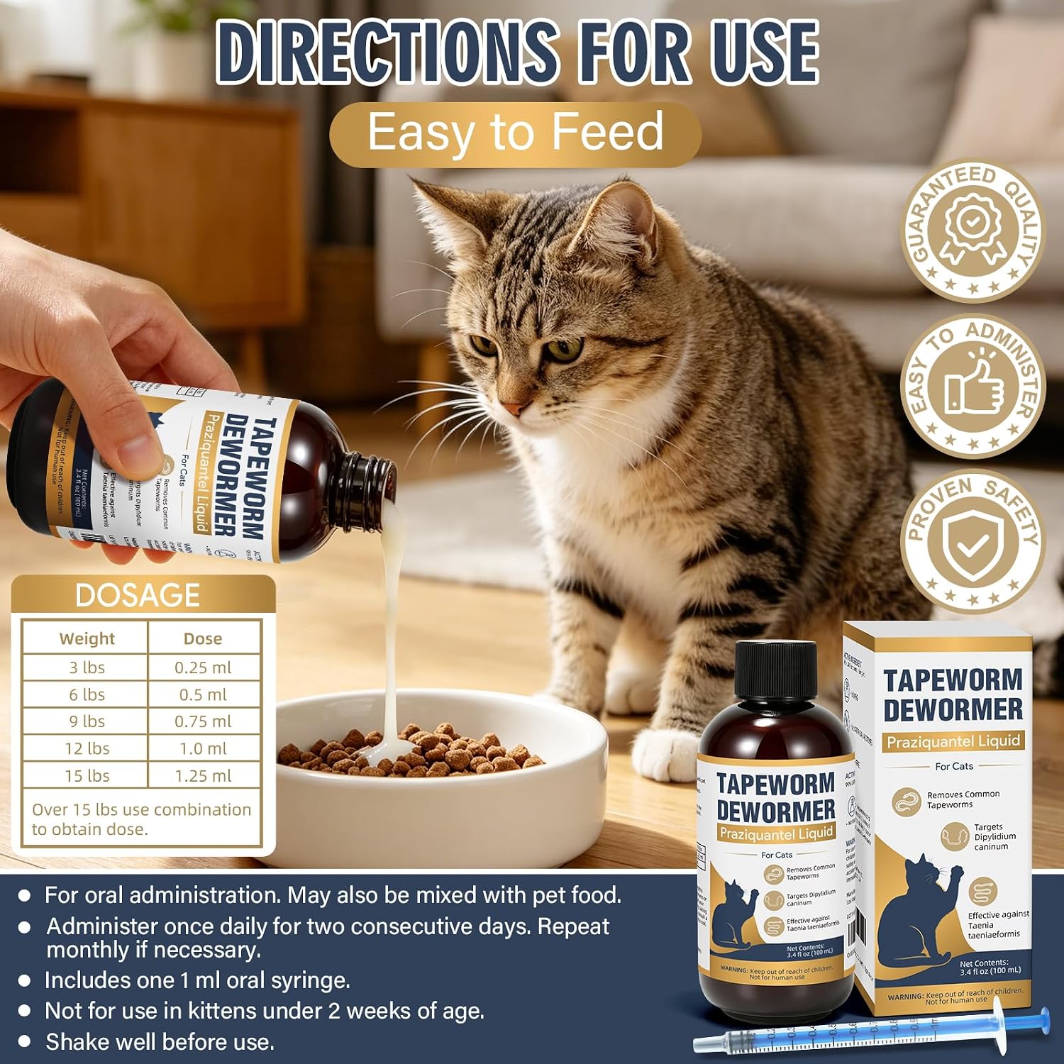 Feline tapeworm support oral liquid treatment back label view