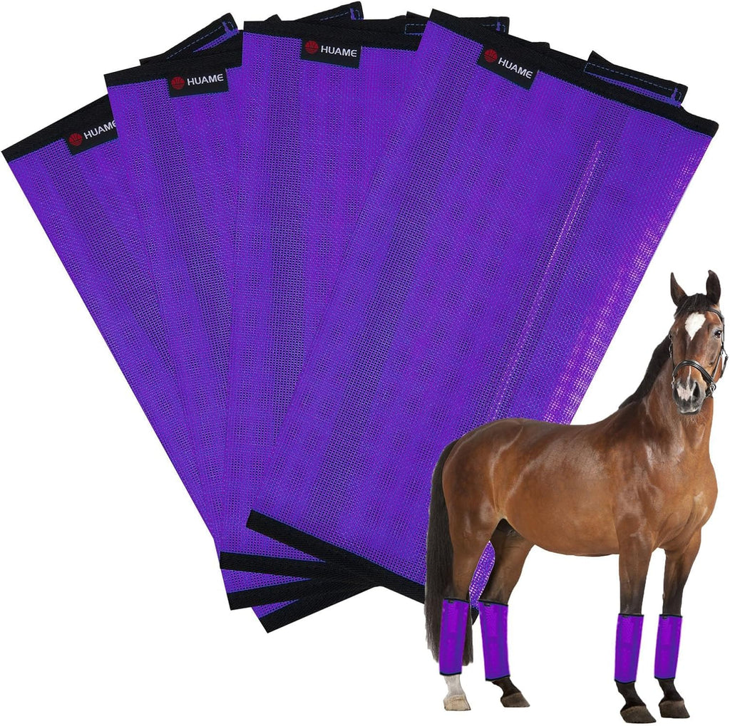HUAME horse fly boots front view showing purple mesh protection set on a horse