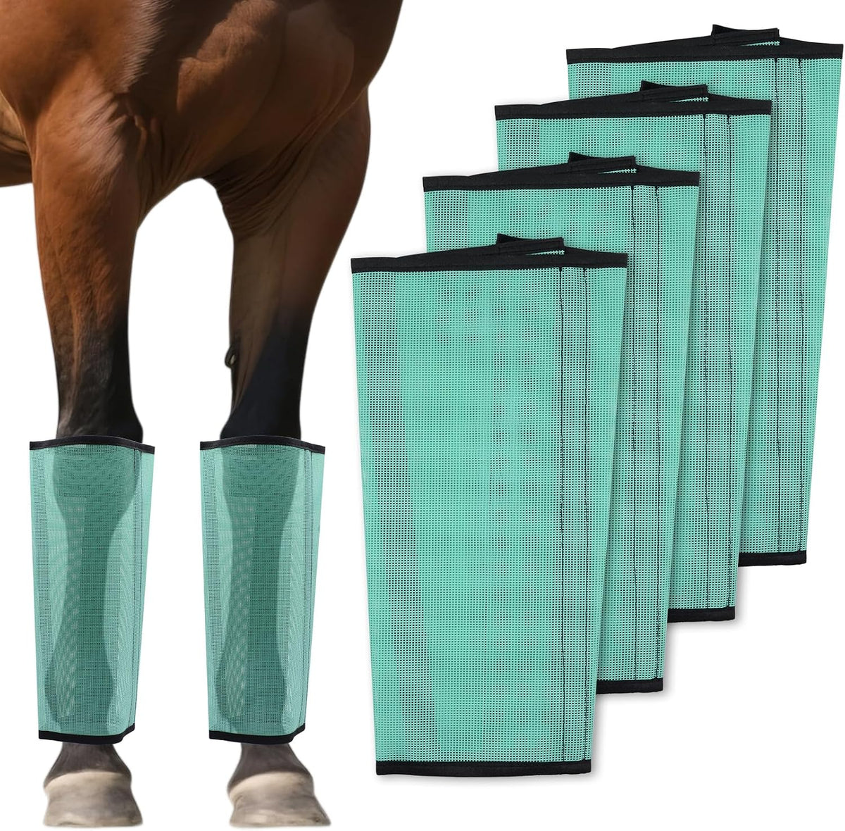 KILILIUN Mesh Horse Fly Boots green set of four front view on horse legs