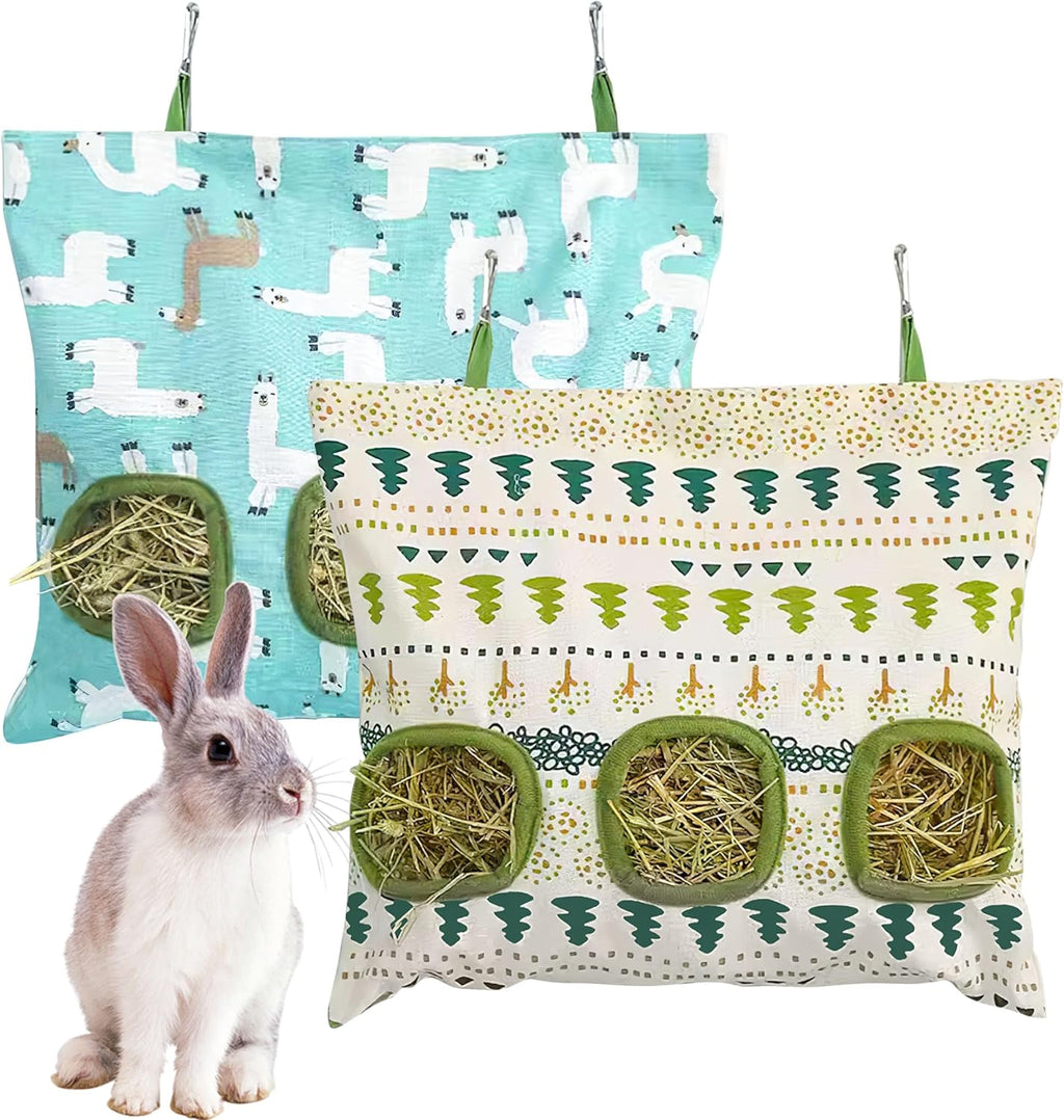 Lesnala 2pcs Bunny hay feeder Rabbit hay feeder bag Hanging guinea pig hay bag Large capacity cotton canvas fabric hay bag for Rabbits Bunny Chinchillas Hamsters and Other Small Pets(3 Holes,2 styles) - Image 8