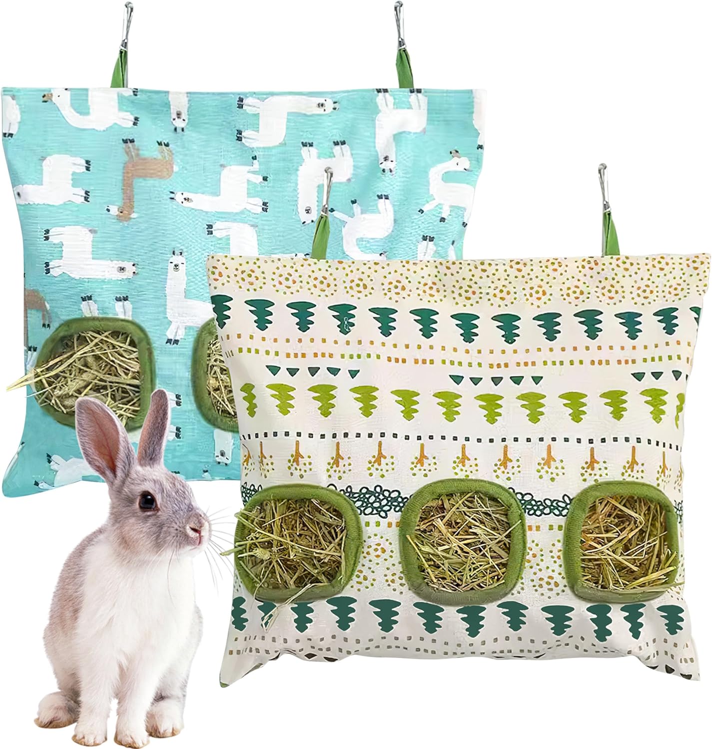 Lesnala 2pcs Bunny hay feeder Rabbit hay feeder bag Hanging guinea pig hay bag Large capacity cotton canvas fabric hay bag for Rabbits Bunny Chinchillas Hamsters and Other Small Pets(3 Holes,2 styles) - Image 8