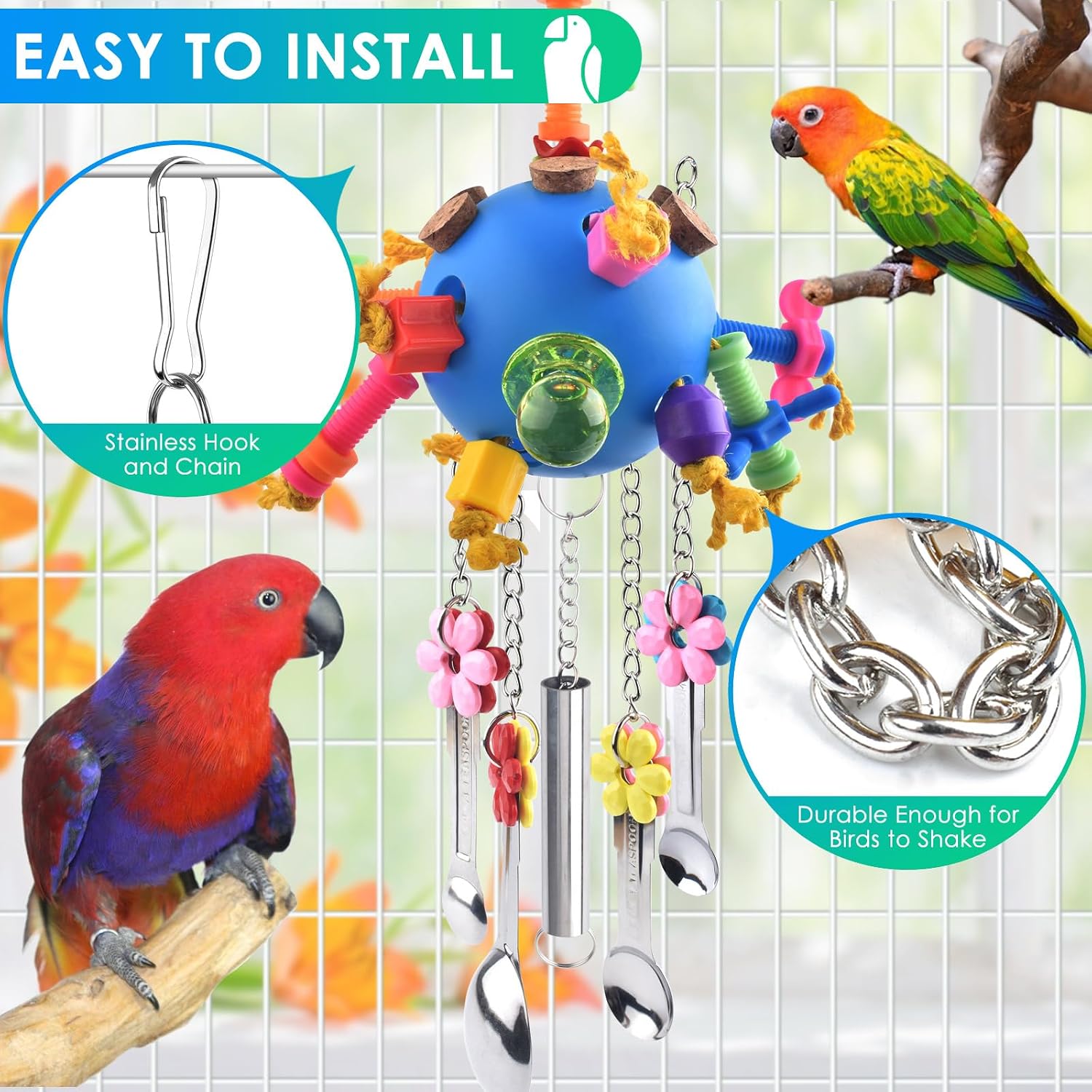 Multi material bird cage accessory with wooden corks and plastic rings