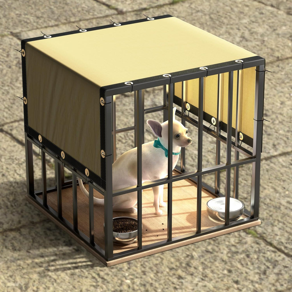 ColourTree 90 Percent Sunblock Mesh Tarp installed securely over an outdoor dog kennel for pet shade and heat reduction.
