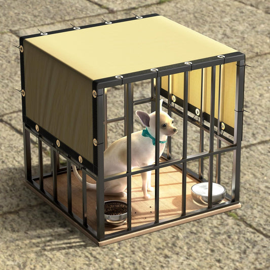 ColourTree 90 Percent Sunblock Mesh Tarp installed securely over an outdoor dog kennel for pet shade and heat reduction.