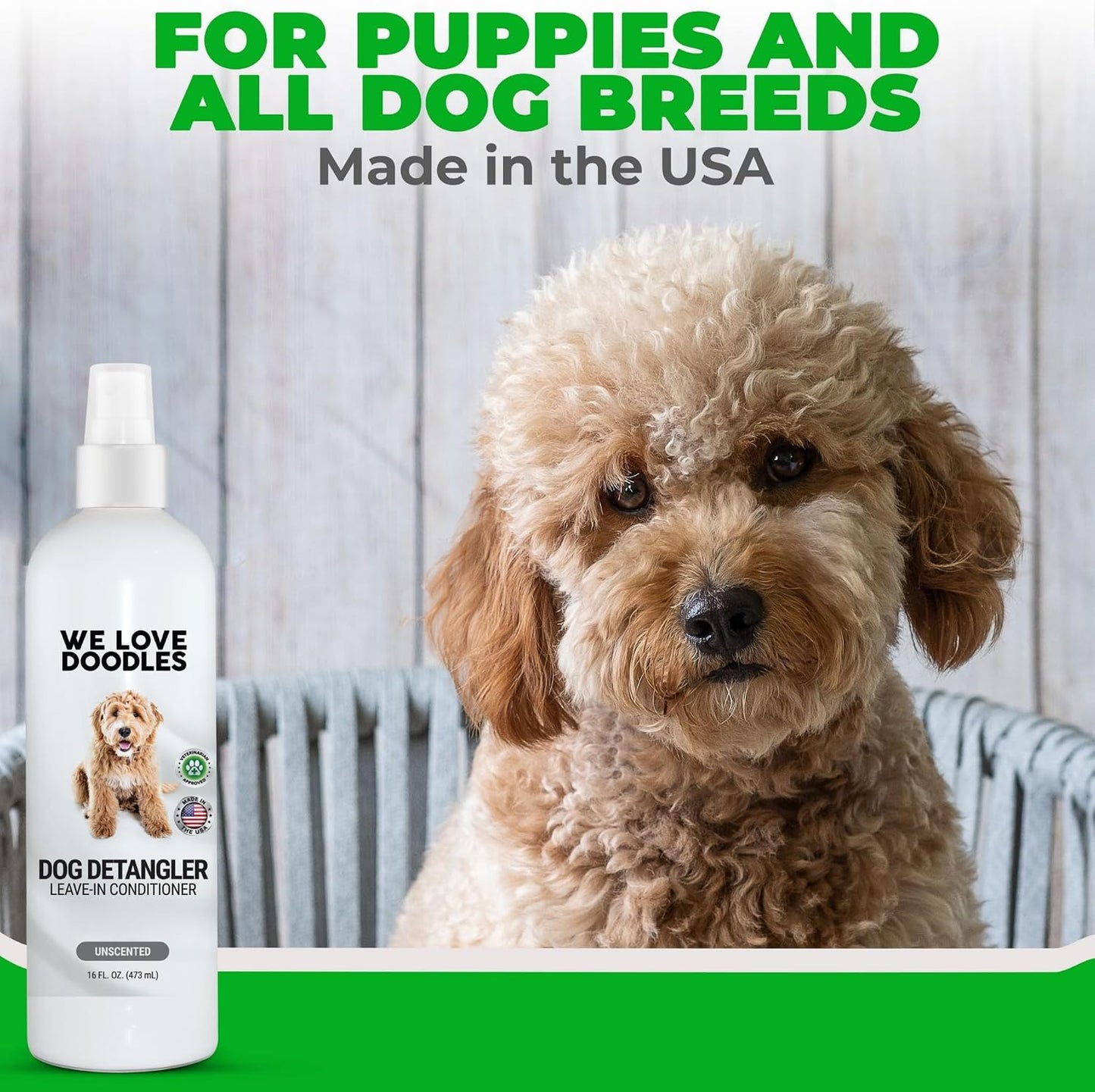 We Love Doodles premium dog grooming spray bottle back label showing directions