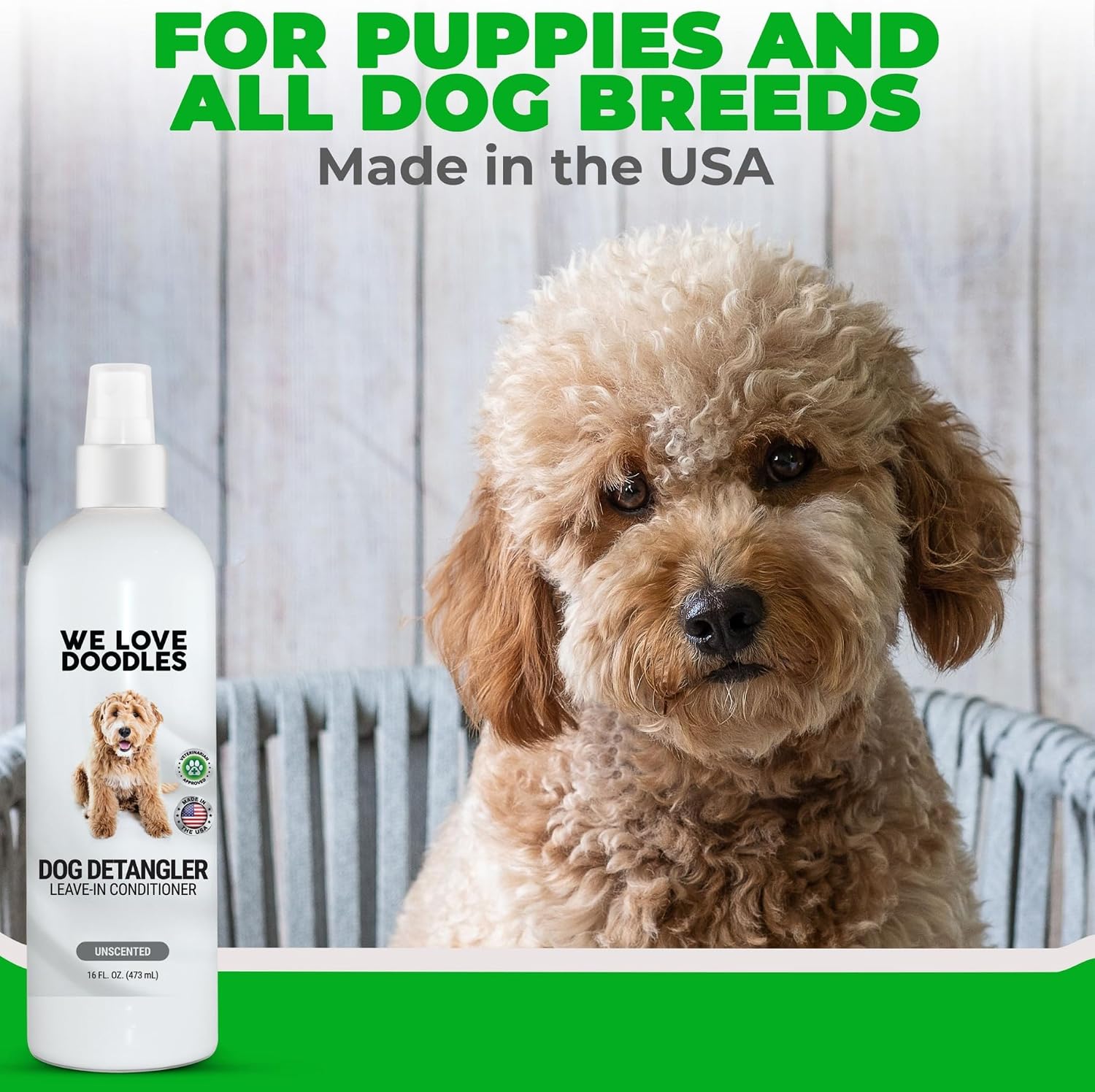 We Love Doodles premium dog grooming spray bottle back label showing directions