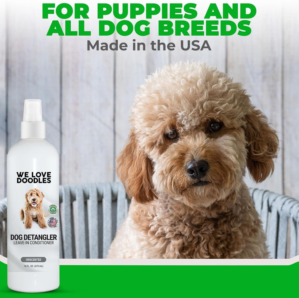 We Love Doodles premium dog grooming spray bottle back label showing directions