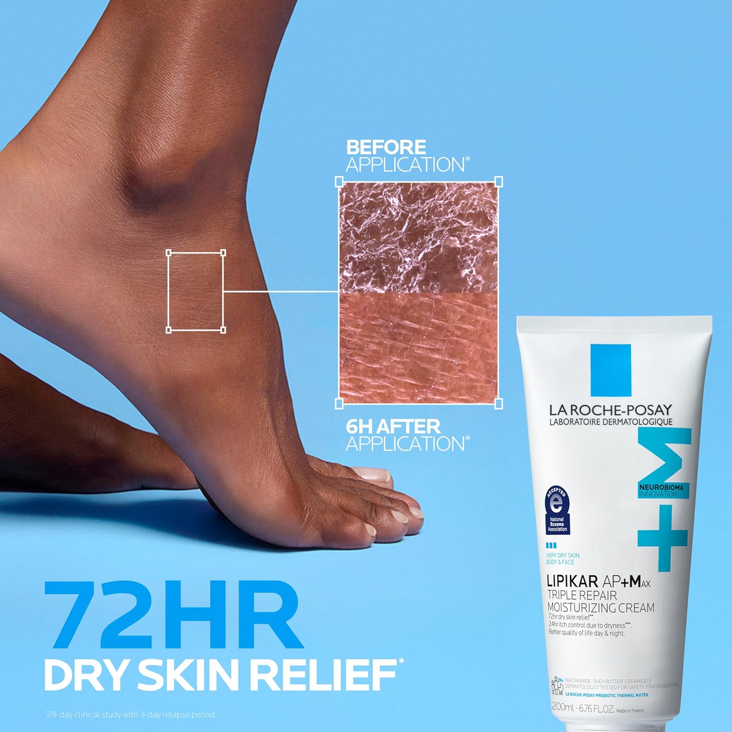 Back label of La Roche-Posay Lipikar AP+MAX showing usage instructions for eczema-prone skin