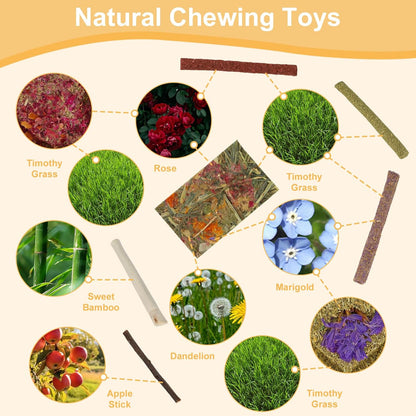 Natural timothy hay sticks and sweet bamboo molar toys for guinea pigs