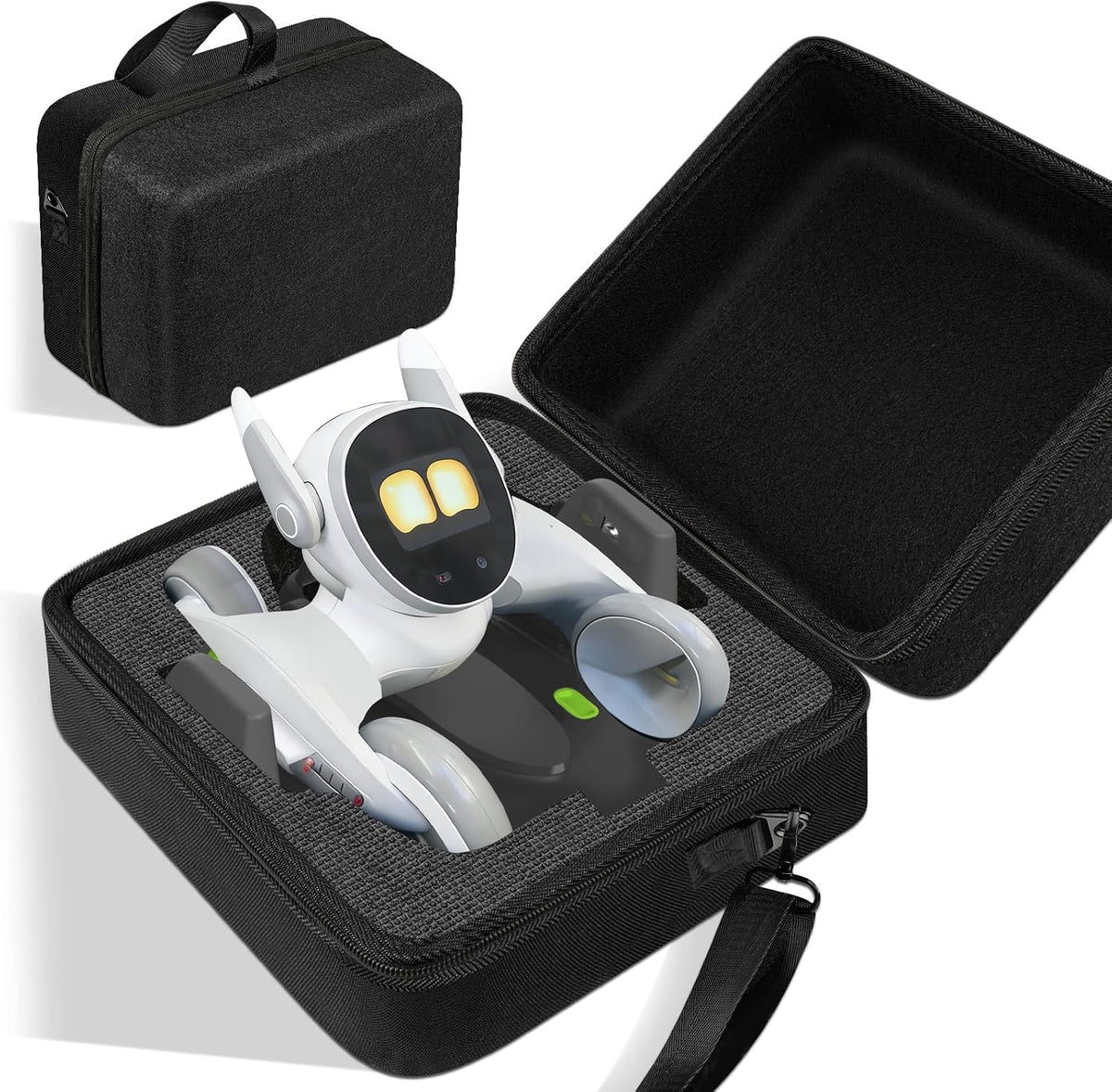 SARLAR carrying case front view showing the hard shell exterior for smart robot pet protection.
