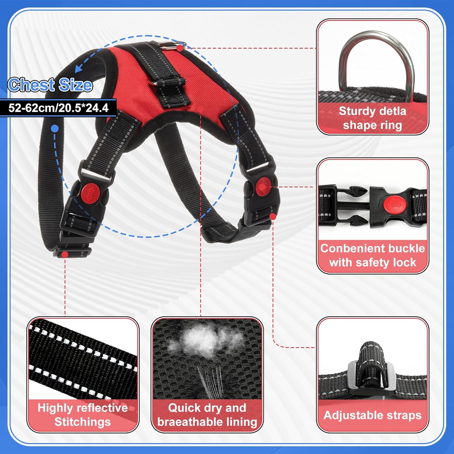 Sunnymove adjustable medium reflective vest harness laid flat showing the breathable mesh construction and step in buckle.