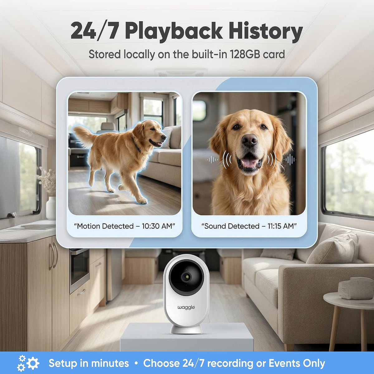 Waggle RV Mini camera packaging showing included 128 gigabyte card