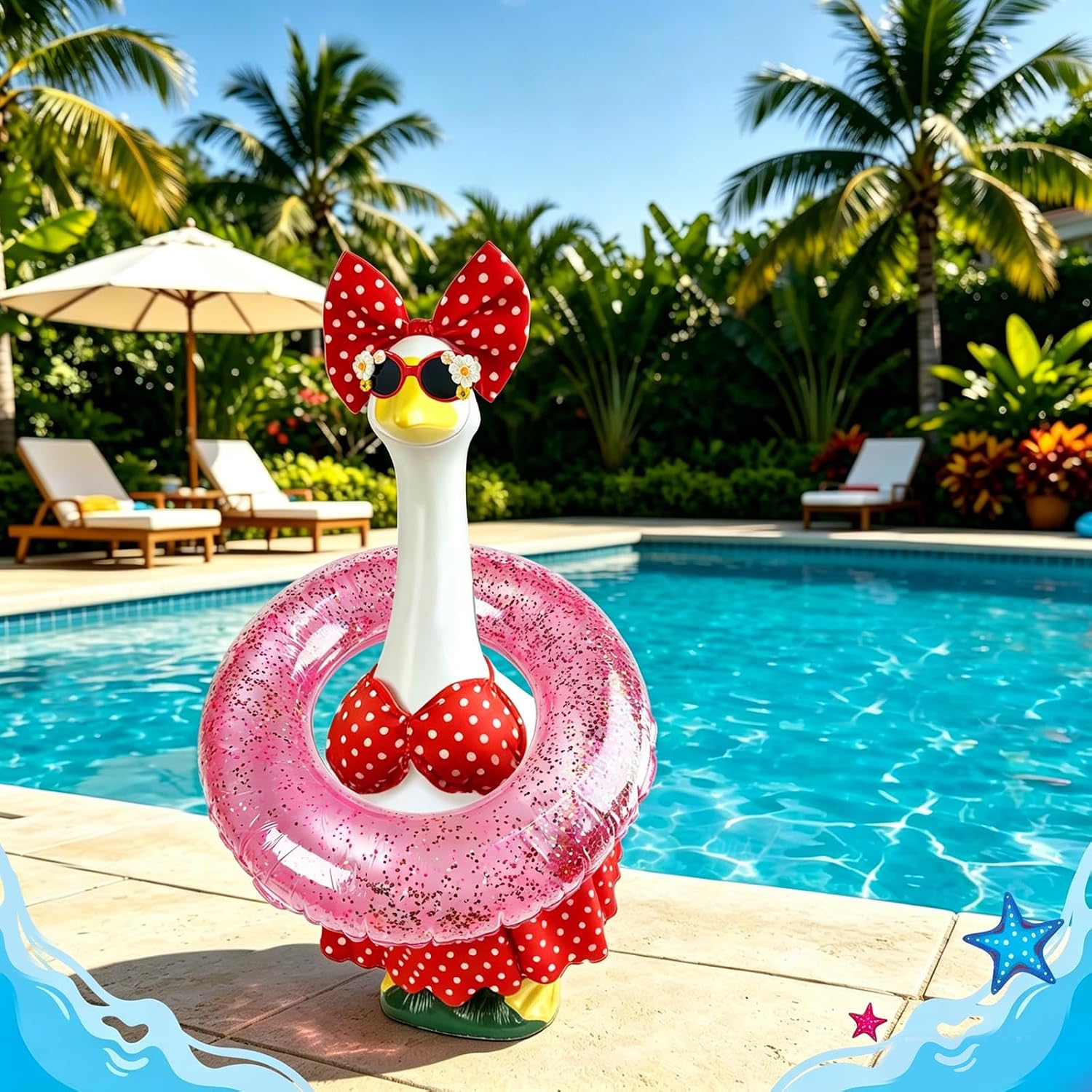 Polka dot lawn goose swimsuit outfit with miniature sunglasses accessory