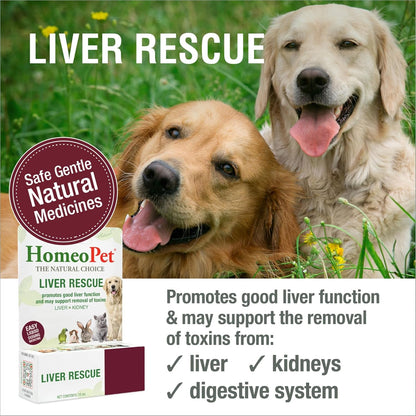 HomeoPet Liver Rescue fifteen milliliters liquid bottle showing natural ingredients