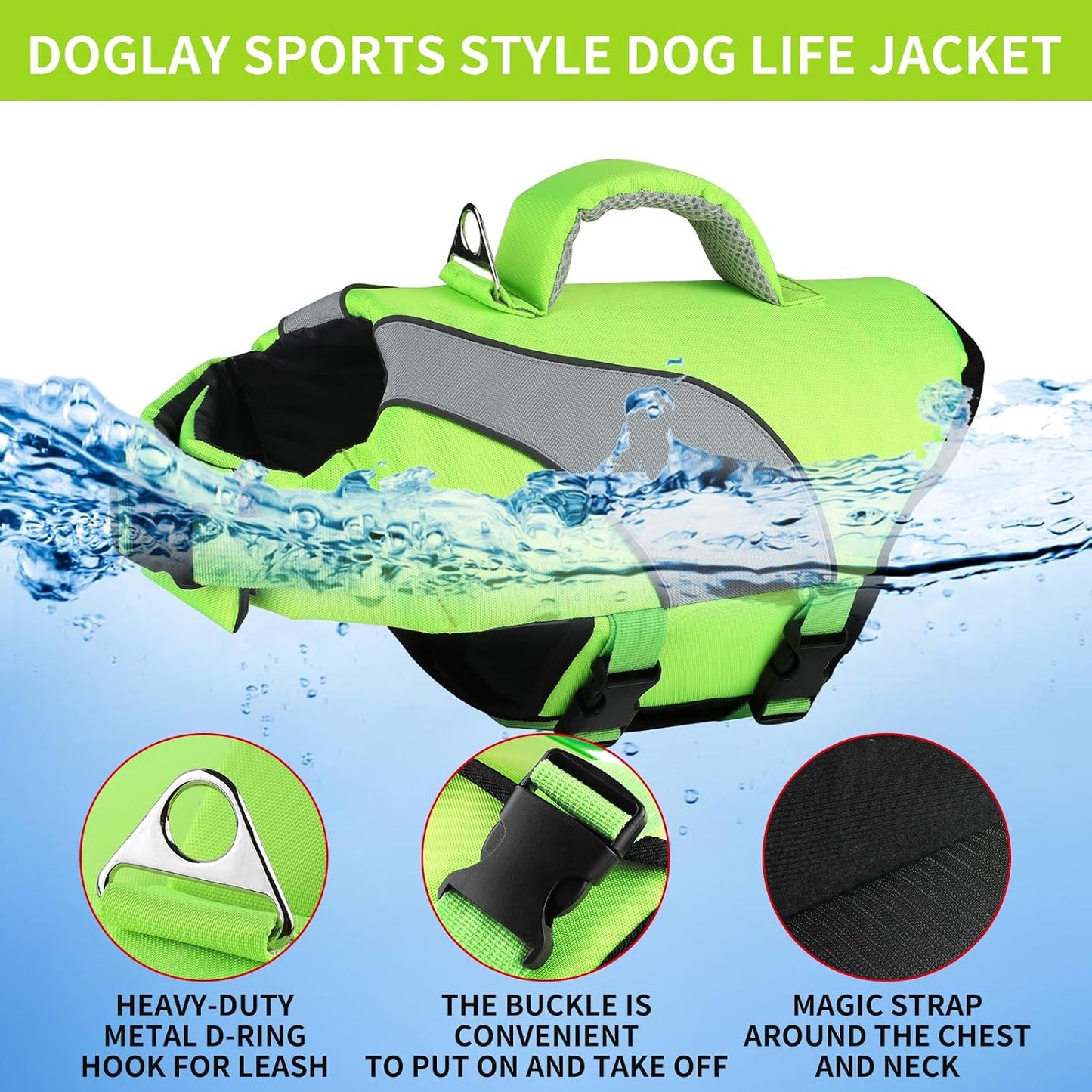 Reflective dog life preserver vest with heavy duty rescue handles