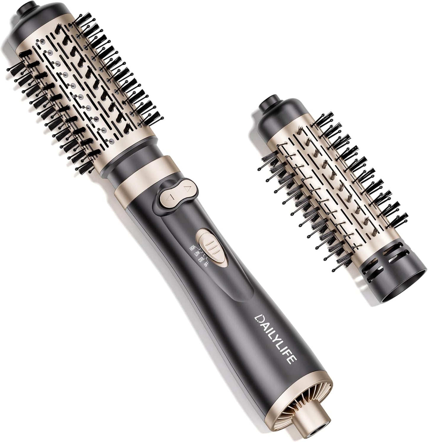 DAILYLIFE rotating hair dryer brush front view showing gold handle and ceramic barrel for salon blowout styling.