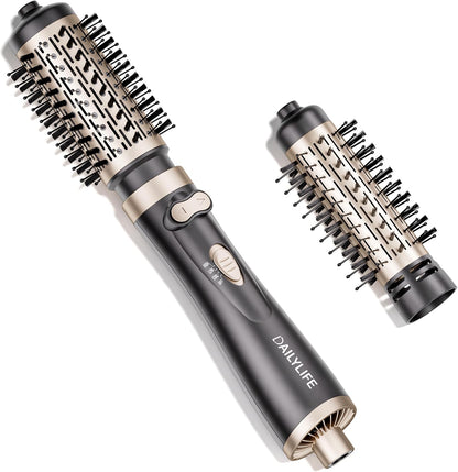 DAILYLIFE rotating hair dryer brush front view showing gold handle and ceramic barrel for salon blowout styling.