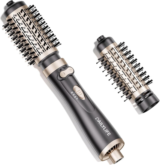 DAILYLIFE rotating hair dryer brush front view showing gold handle and ceramic barrel for salon blowout styling.