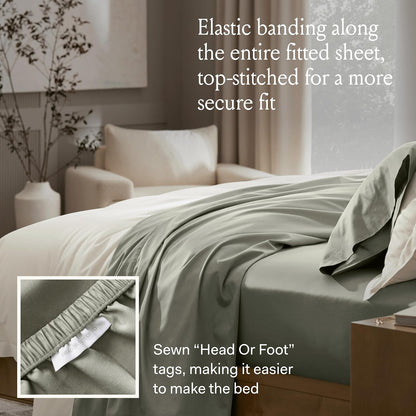 Organic cotton fitted sheet spread over a premium mattress showcasing secure corner fit