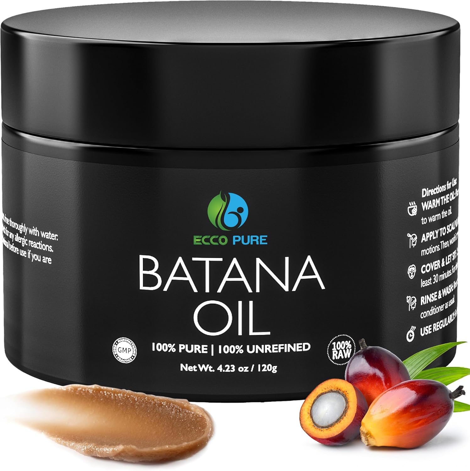 Ecco Pure Raw Batana Oil 4.23 Ounce jar front view for hair growth therapy.
