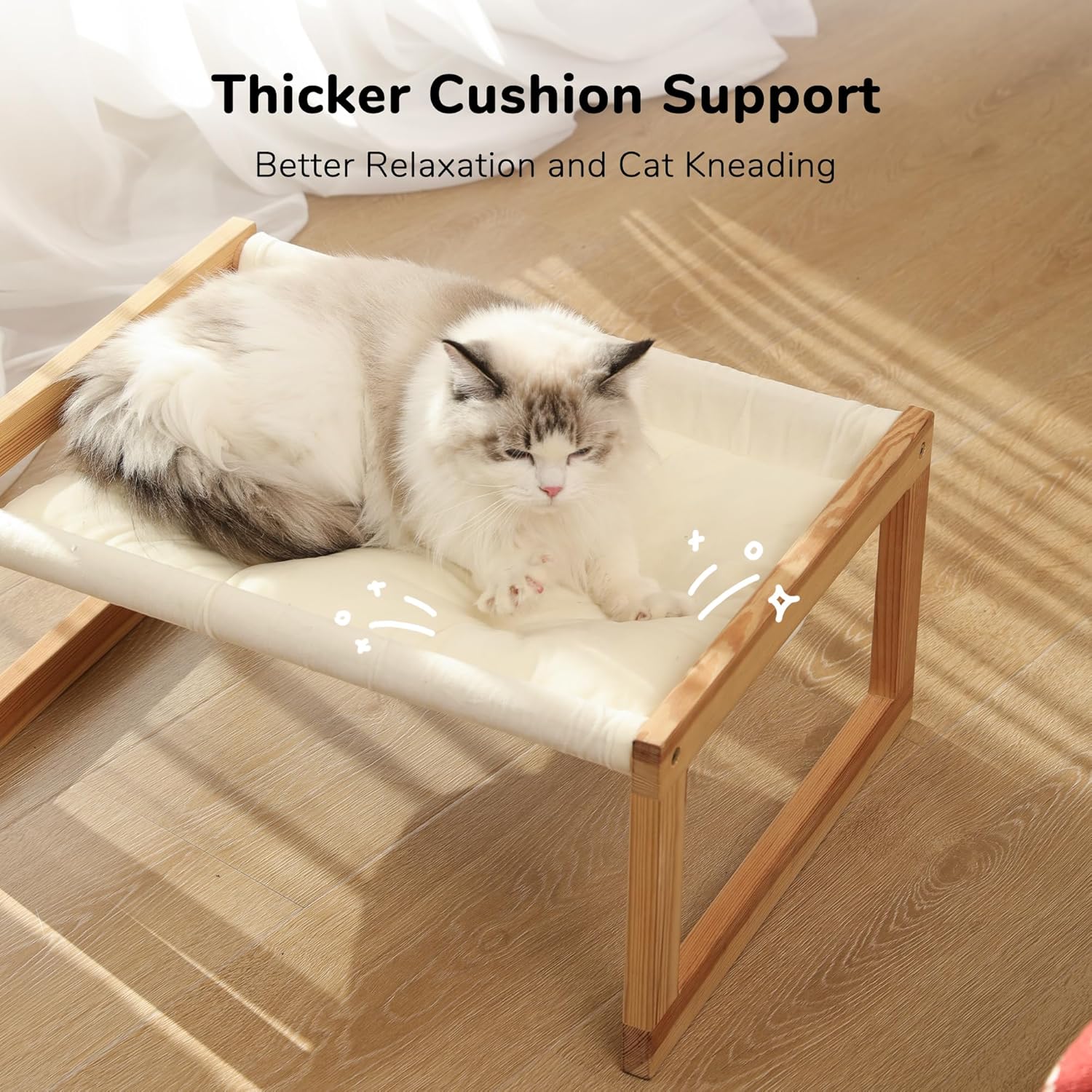 Cat resting on elevated Fukumaru wooden pet couch