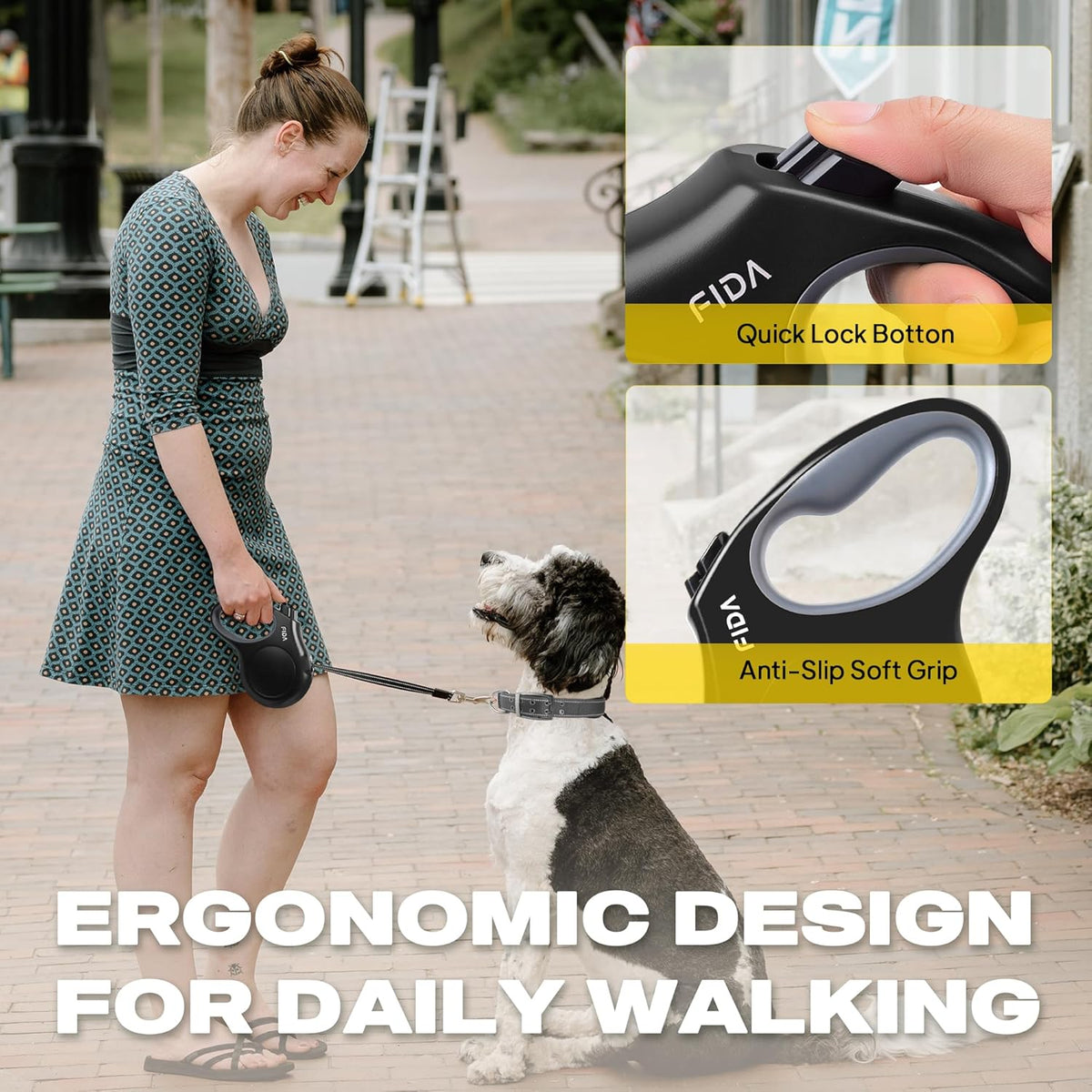 Fida dog leash one-handed brake button close-up