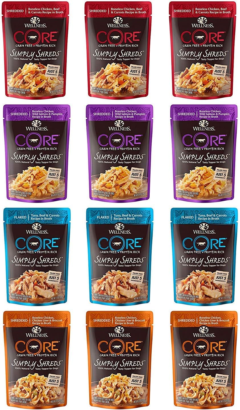 Twelve pouches of Wellness Core Simply Shreds grain free dog food topper