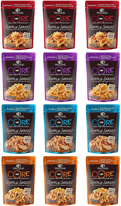 Twelve pouches of Wellness Core Simply Shreds grain free dog food topper