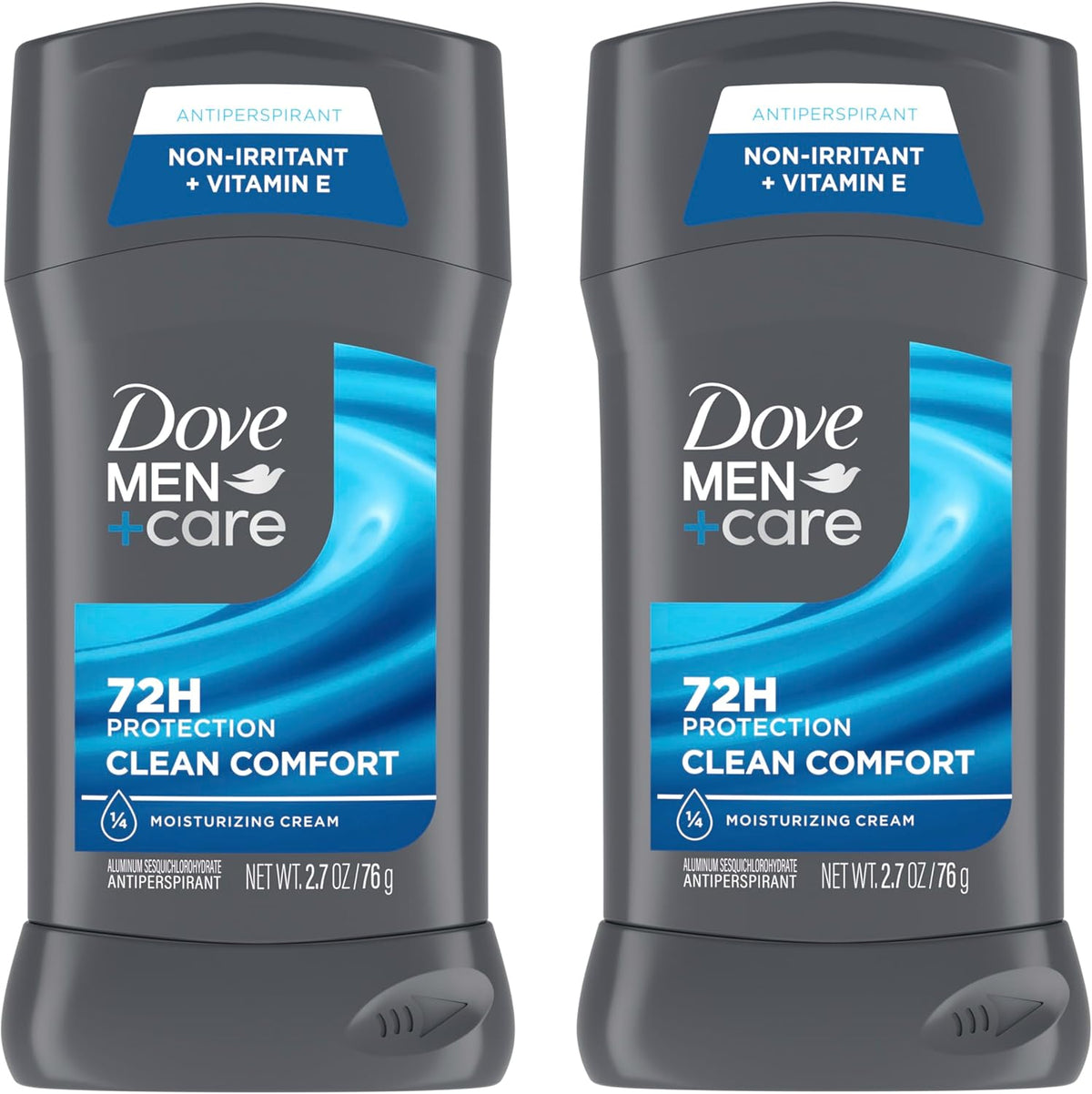 Dove Men Care Clean Comfort antiperspirant deodorant stick twin pack front view showing product packaging.