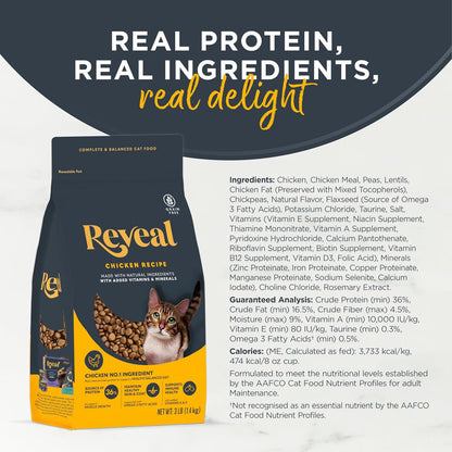 Authentic USA imported Reveal adult dry cat food bag on a white background