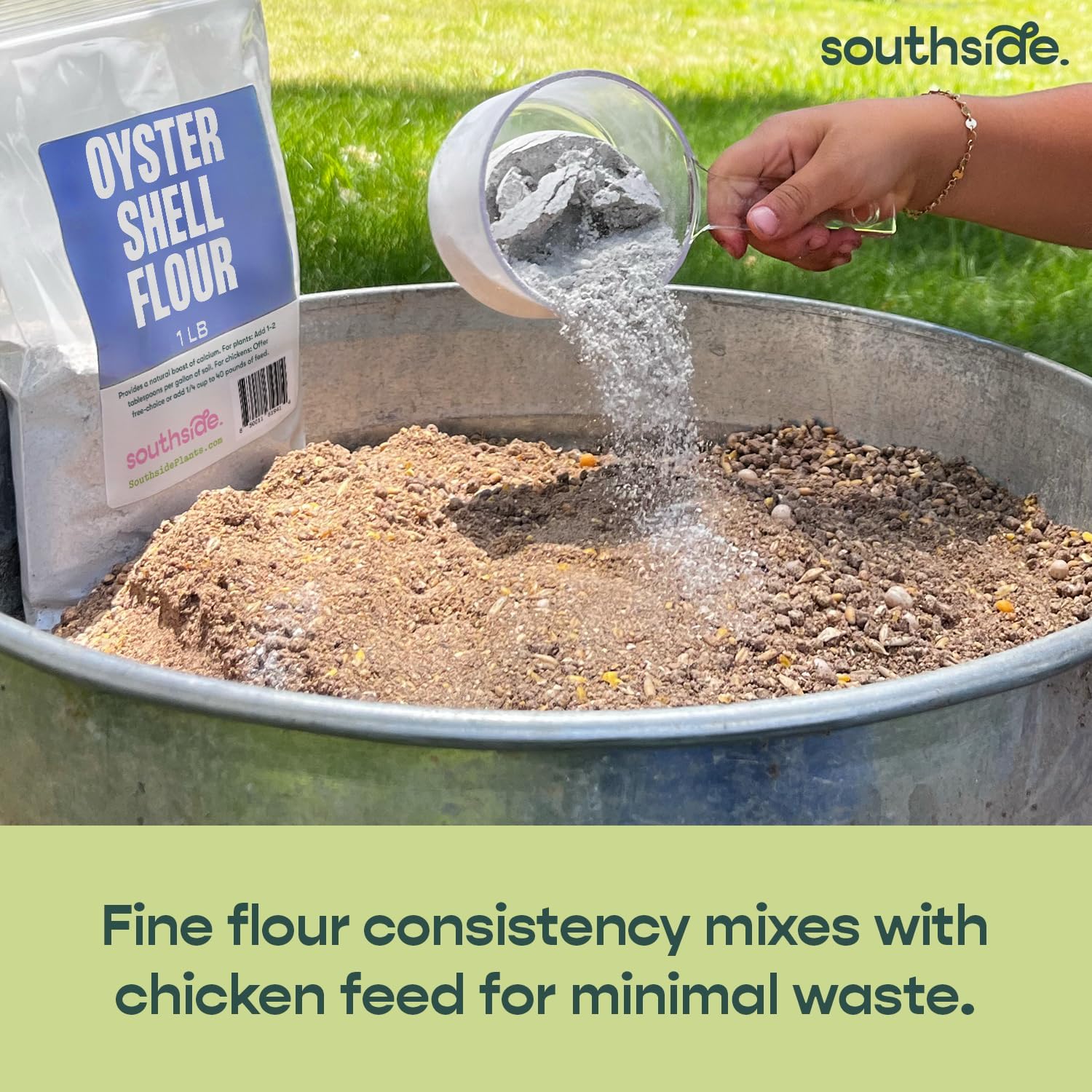 Back label of Southside Plants organic oyster shell flour with feeding instructions