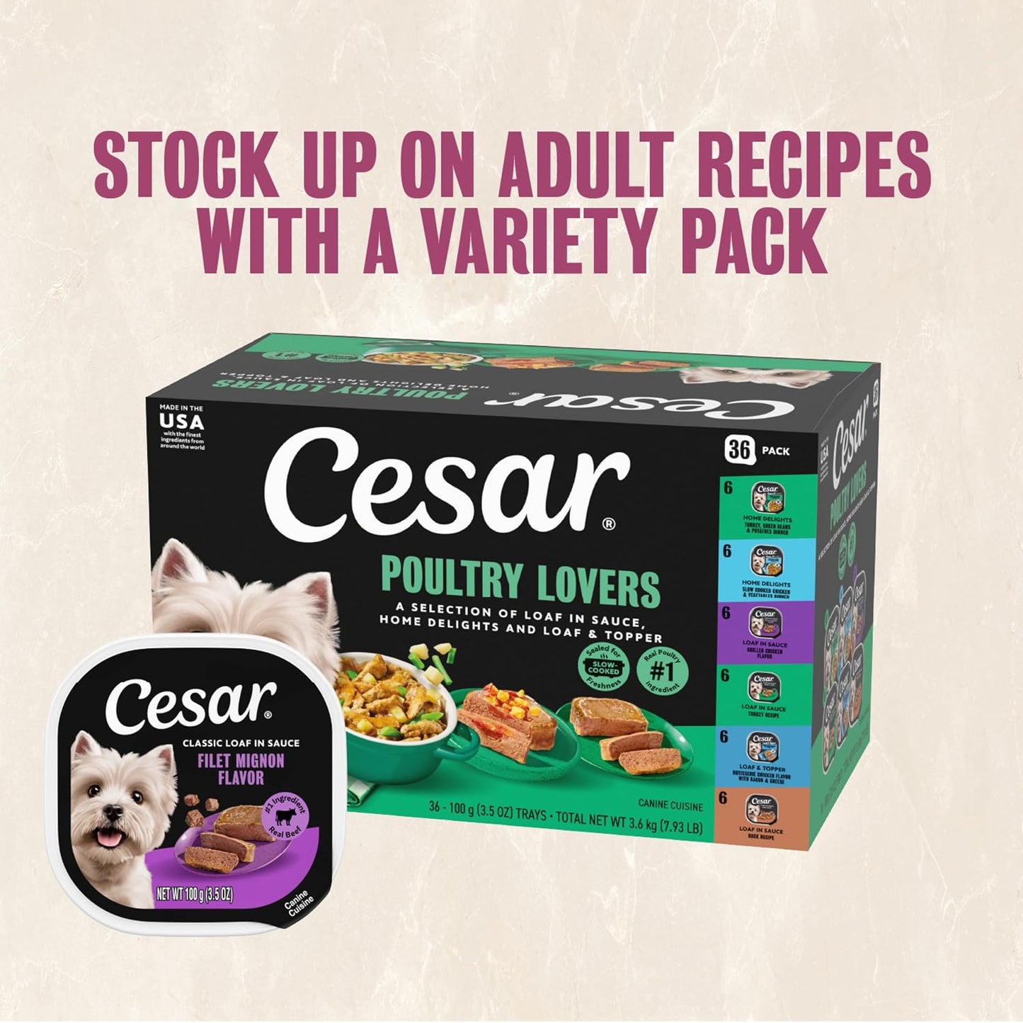 Cesar Adult Wet Dog Food Steak Lovers Variety Pack with Real Meat, 3.5 oz. Easy Peel Trays, 36 Count (Pack of 1) - Image 14