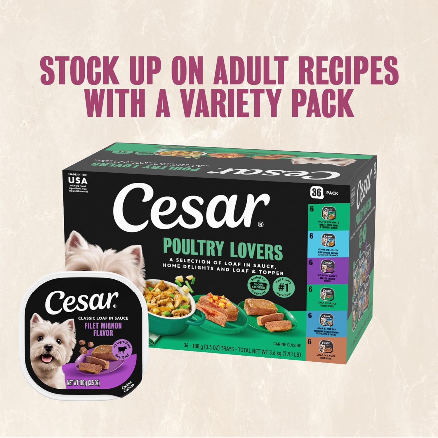 Cesar Adult Wet Dog Food Steak Lovers Variety Pack with Real Meat, 3.5 oz. Easy Peel Trays, 36 Count (Pack of 1) - Image 14