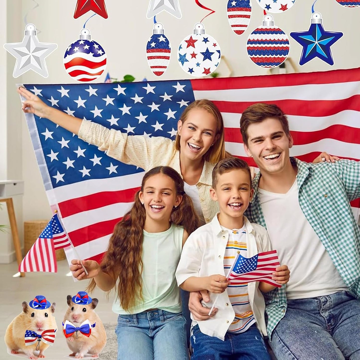 Packaging view of the authentic imported Vaudarkit four piece Independence Day outfit set for small exotic animals.