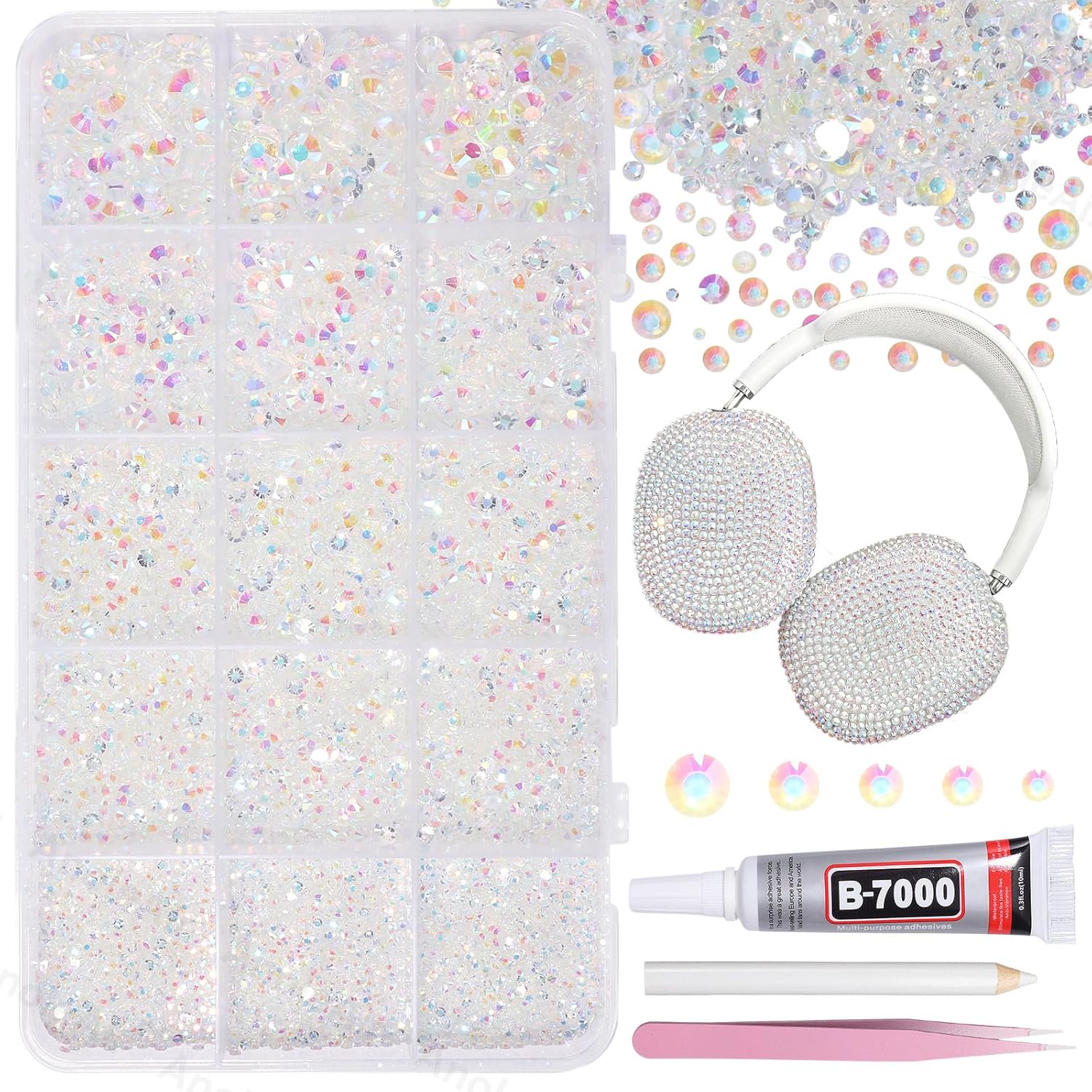 AnoleAir 12000 pieces clear white AB rhinestones bedazzling kit front view