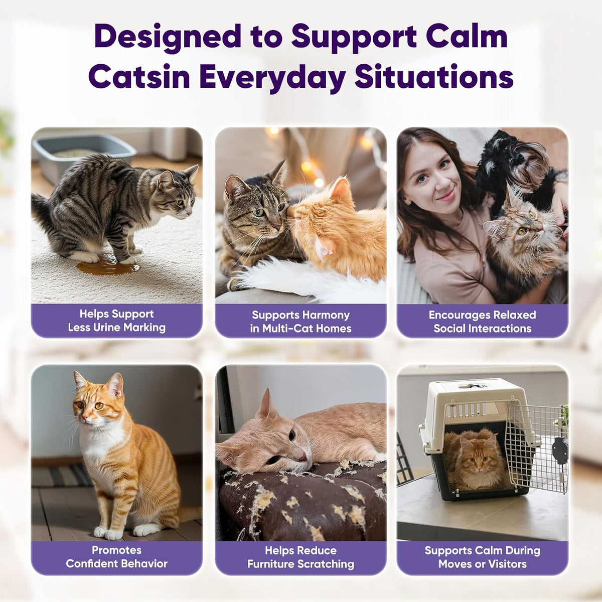Cat Calming Diffuser with Advanced Pheromone Technology, 120 Days Plug in Diffuser for Multi Cat Home, Reduce Stress, Urine Spraying, Scratching, Hiding, Support Calm Behavior, 2 Diffusers, 4 Refills - Image 5