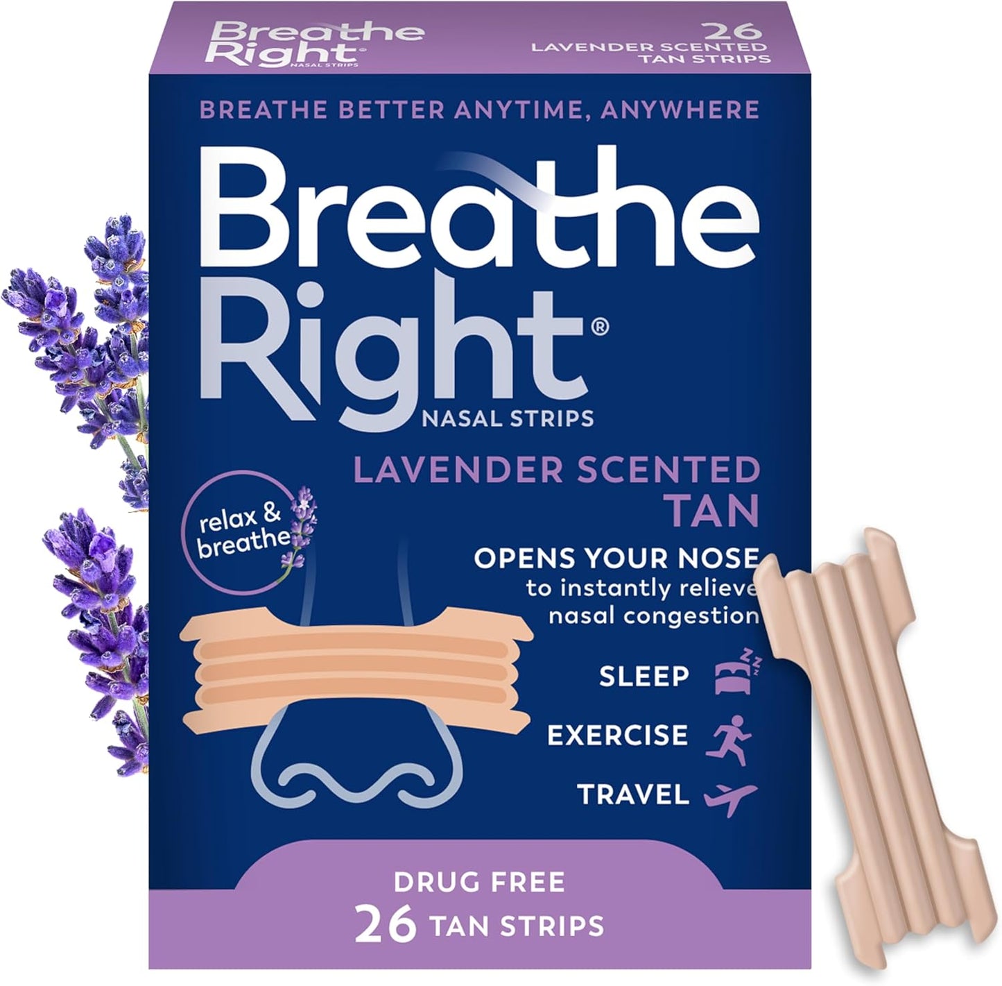 Breathe Right Lavender Scented Nasal Strips front packaging showing 26 count box.