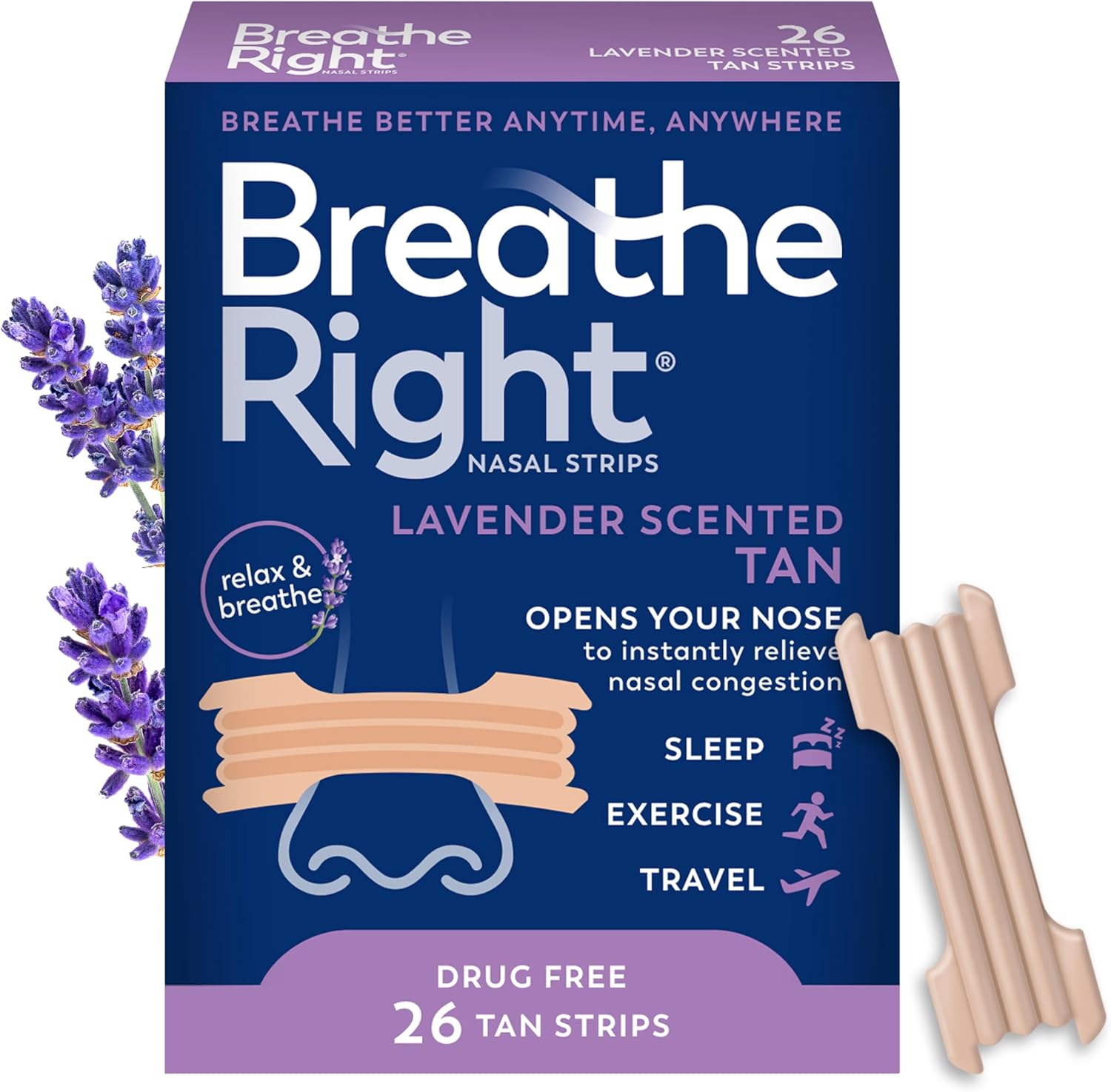 Breathe Right Lavender Scented Nasal Strips front packaging showing 26 count box.